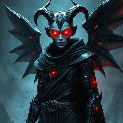 The primary subject of the image is a woman with horns and glowing eyes, dressed in a black outfit. She is standing in front of a dark background, which adds to the overall mood of the image. The visual style of the image is digital art, as it appears to be a computer-generated or digitally edited image. The colors and mood of the image are dark and mysterious, with the woman's glowing eyes and horns adding an element of fantasy and intrigue.